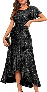 BeryLove Women Sequin Formal Party Dress Flutter Short Sleeve Wedding Cocktail Long Evening Dress