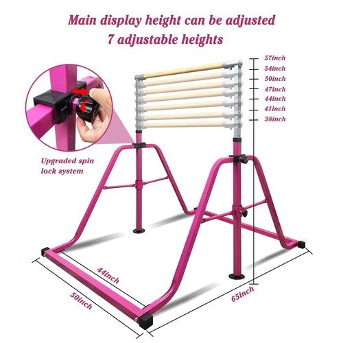 GLANT Gymnastics Bar for Kids with Rings Set, 7 Heights Adjustable Easy Folding Gymnastic Training Bar Kids Monkey Horizontal Bars - Max Load 300LBS (Pink)