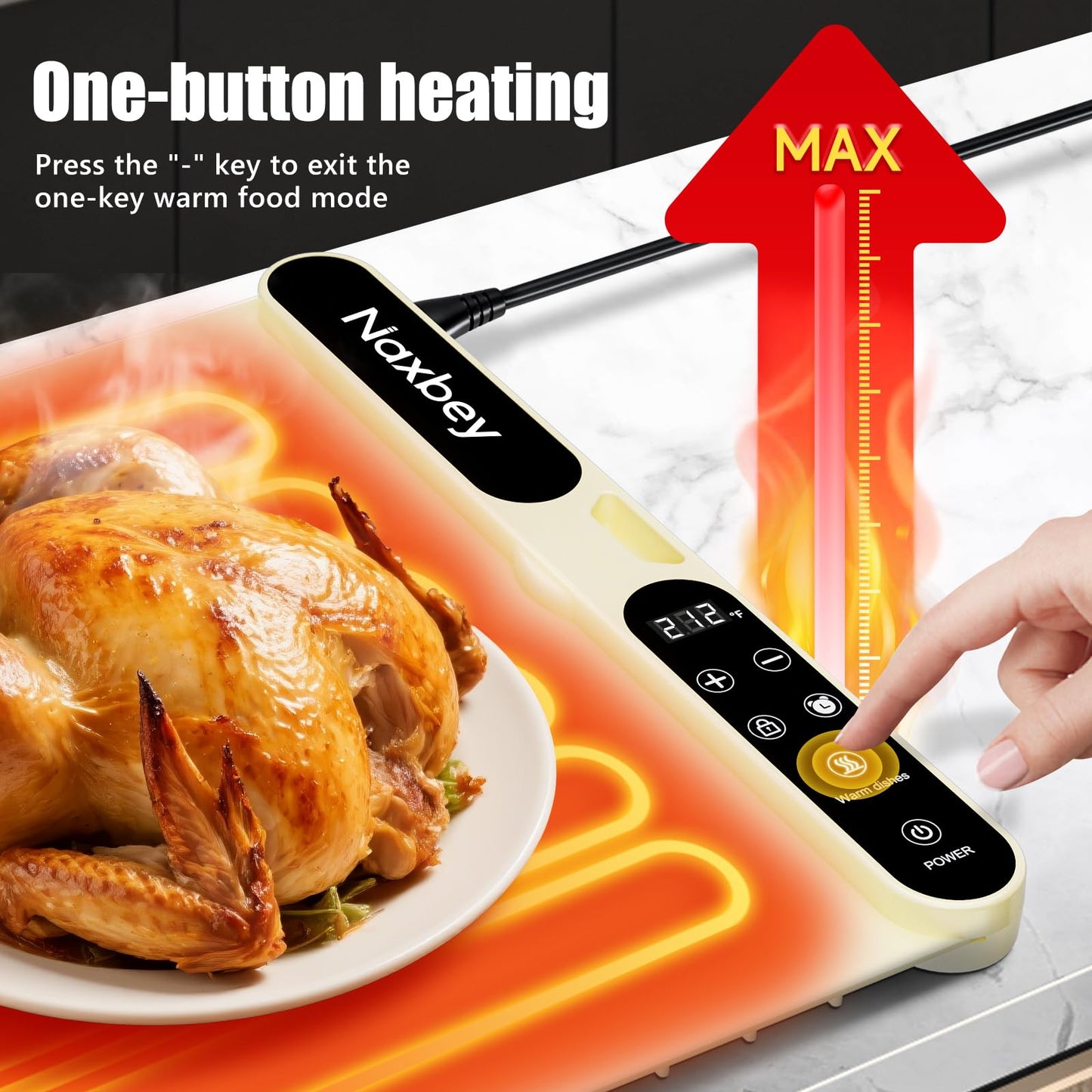 NAXBEY Warming Mat for Food, Food Warmers for Parties Buffet, Foldable Food Warming Mats for Countertops and Daily Use with Timer and 7 Temperature Levels, with one-touch heating button, 15"x23.6"