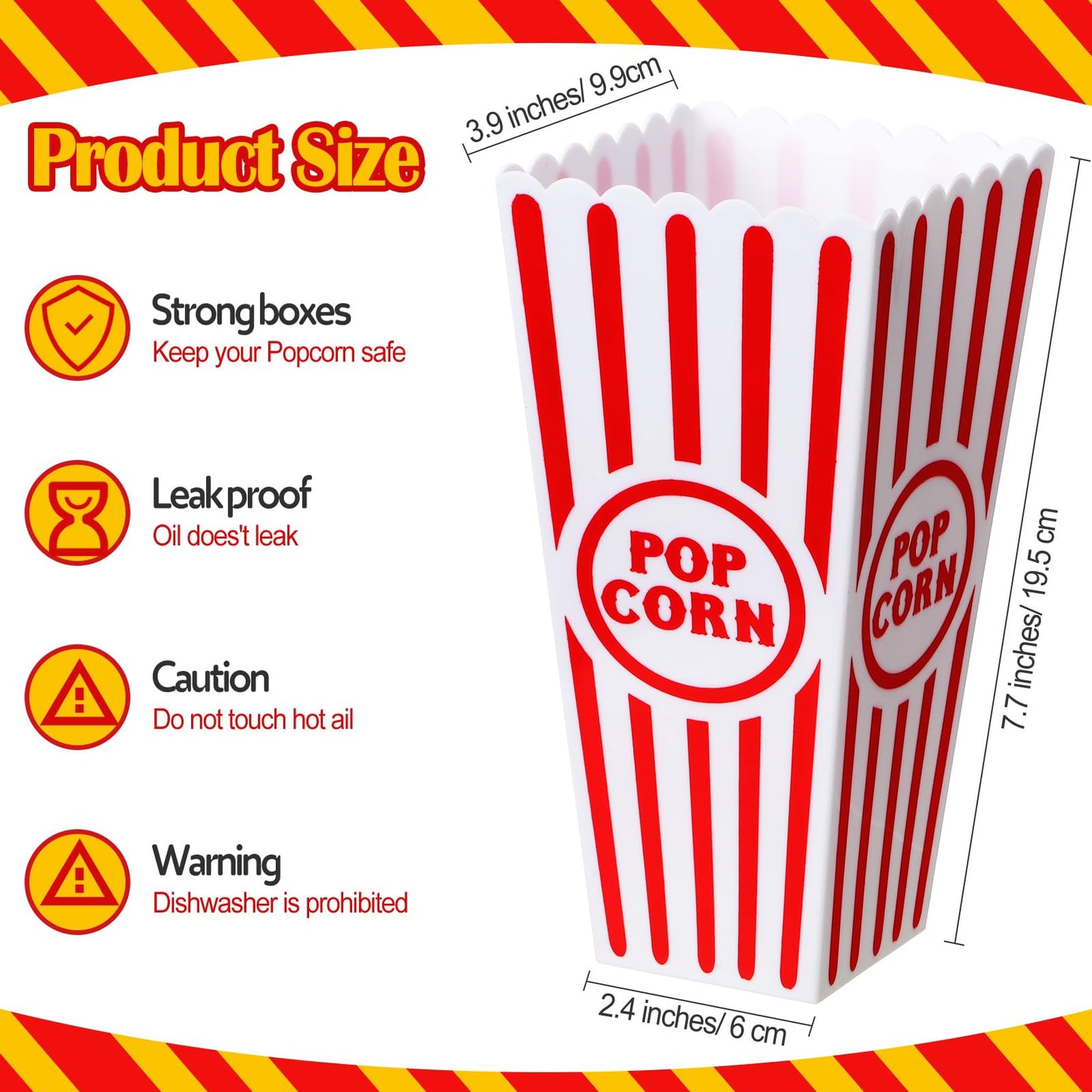 Yuxung Plastic Popcorn Boxes Red and White Striped Popcorn Buckets Bulk Reusable Open Top Containers for Movie Night, Classic Retro Style, 7.7 x 3.9 x 2.4 Inch(15 Pcs)