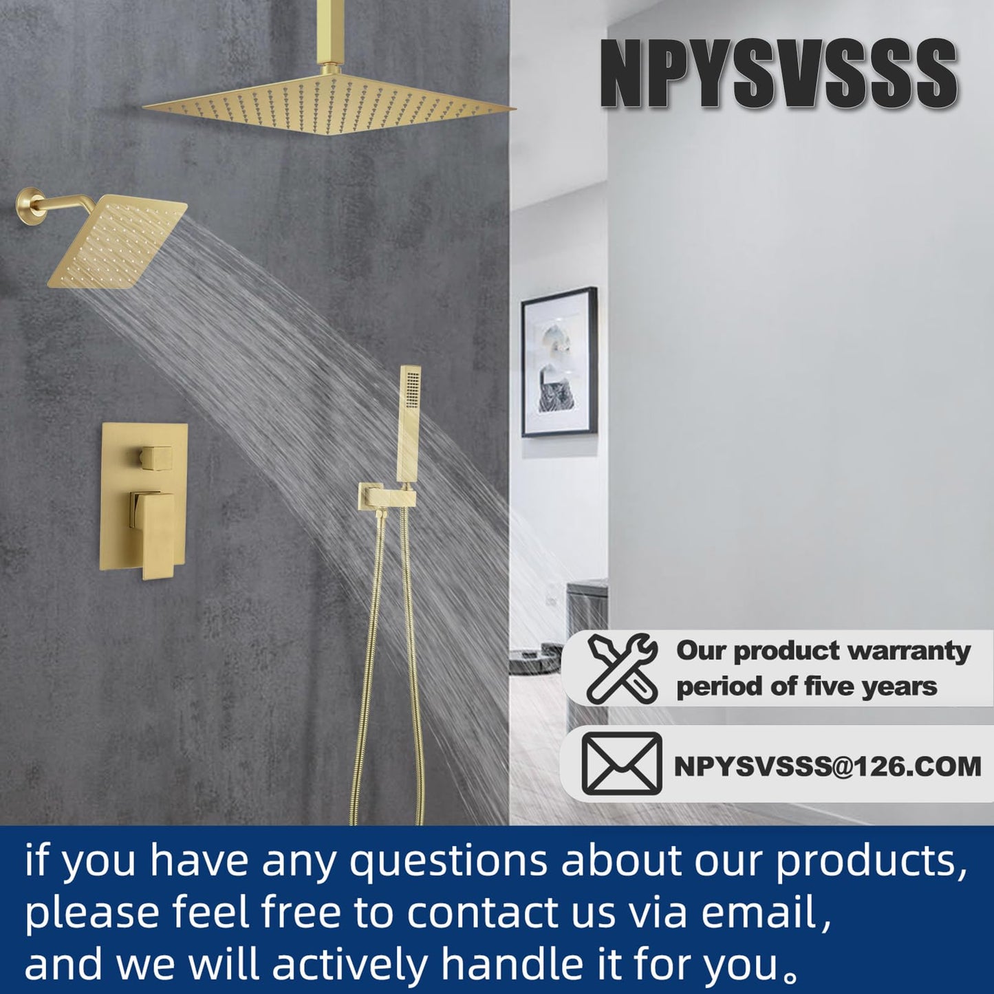 NPYSVSSS Shower System Dual Shower Heads with 12" Ceiling Mounted Rain Shower Head & 6" Wall Mounted Head Full Body Luxury Rain Shower System 3 Way Pressure Balance Valve Kit, Brushed Gold