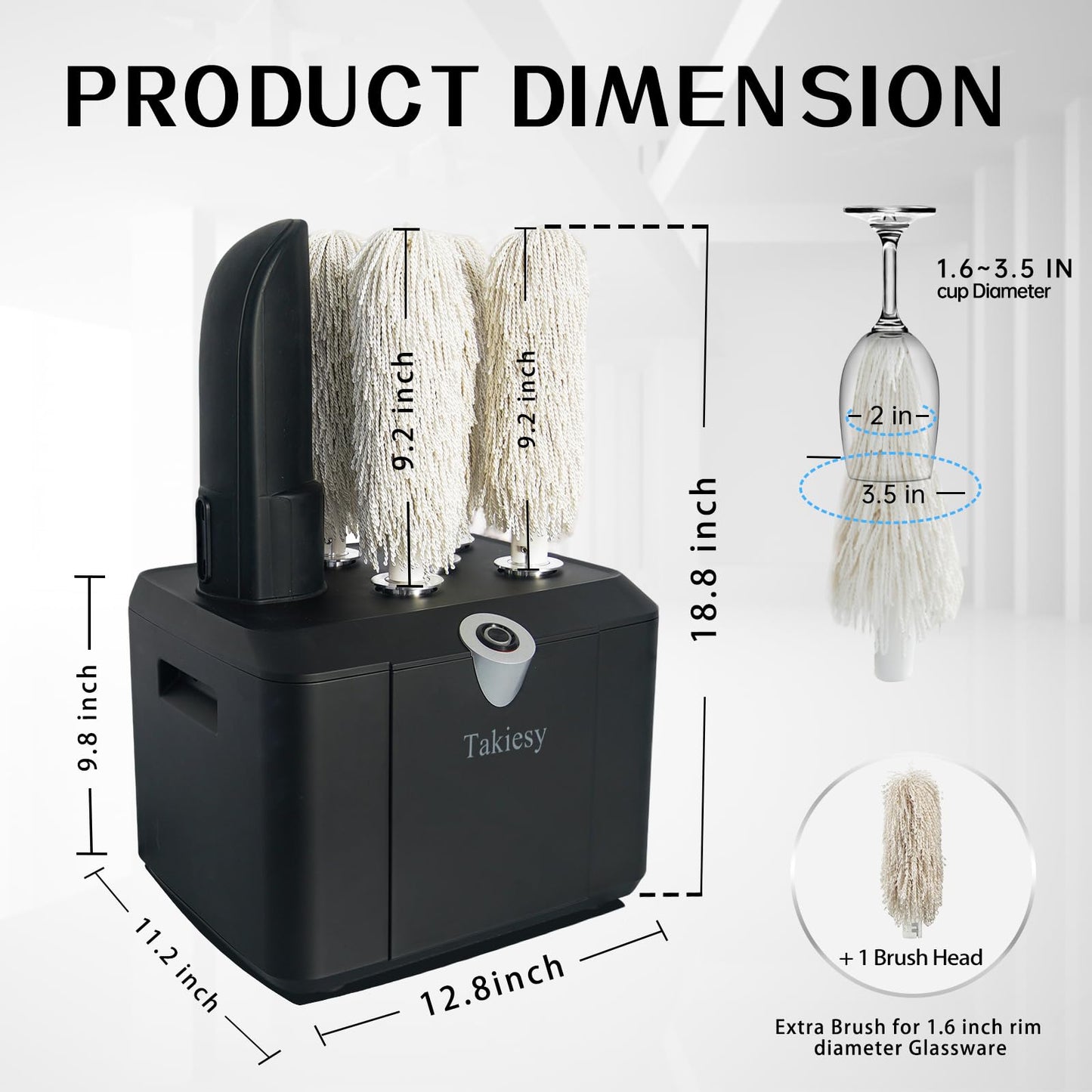Takiesy Commercial Glass Polisher Machine with 6 Microfiber Brushes, 330 Cups/Hour, 136℉ Warm Air Drying & LFGB Certified Heads, Build for Wine Beer Glasses in Bar Restaurant Hotel