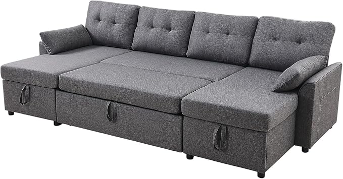 VEVOR U Shaped Sofa Bed, Convertible Sofa Bed with 2 Side Pockets, 2 Pillows and Double Chaise, 6-Seat Pull Out Sleeper Couch with Large Storage Capacity for Living Room, Apartment, Metal Frame, Gray