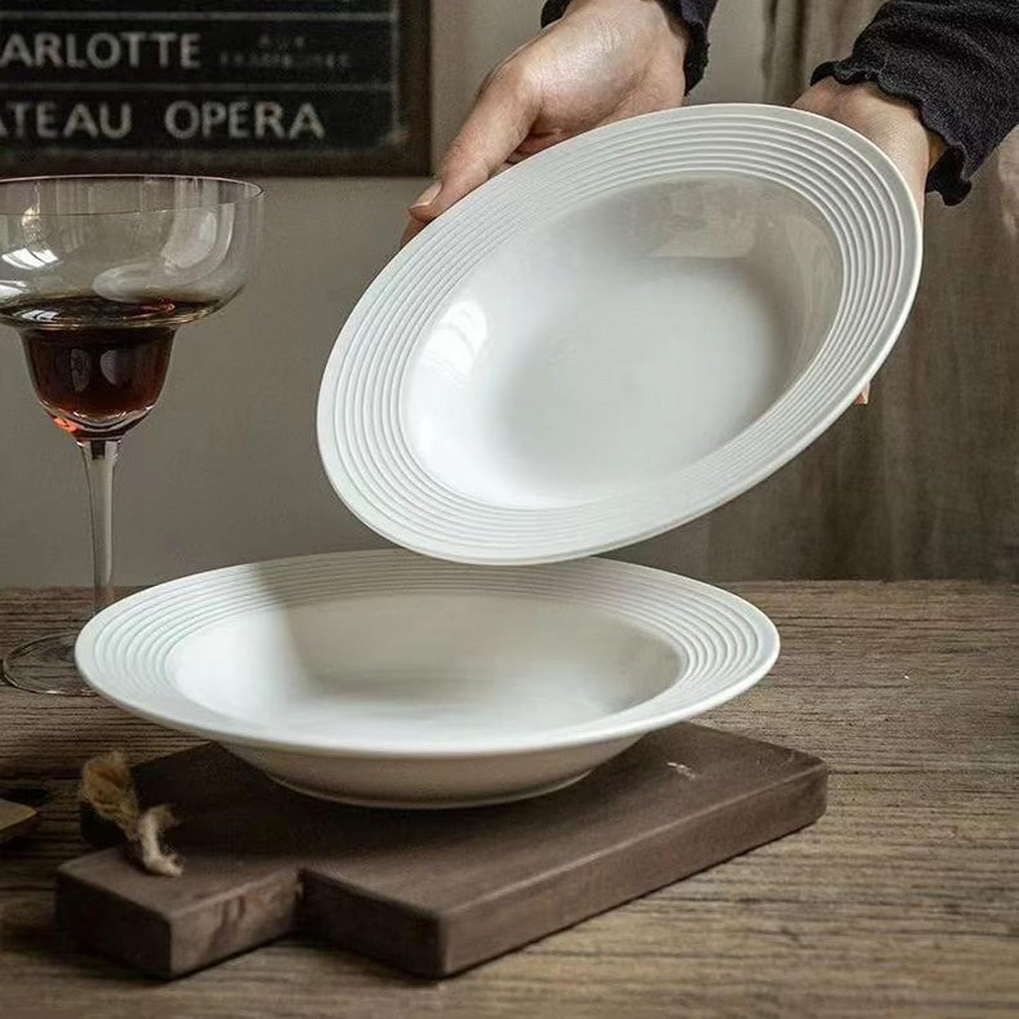 Pasta Bowls Plates Set of 4, 8.5inch Ceramic Plates tableware,Salad,Shallow Soup for Pasta, Soup, Microwave & Dishwasher Safe (4)