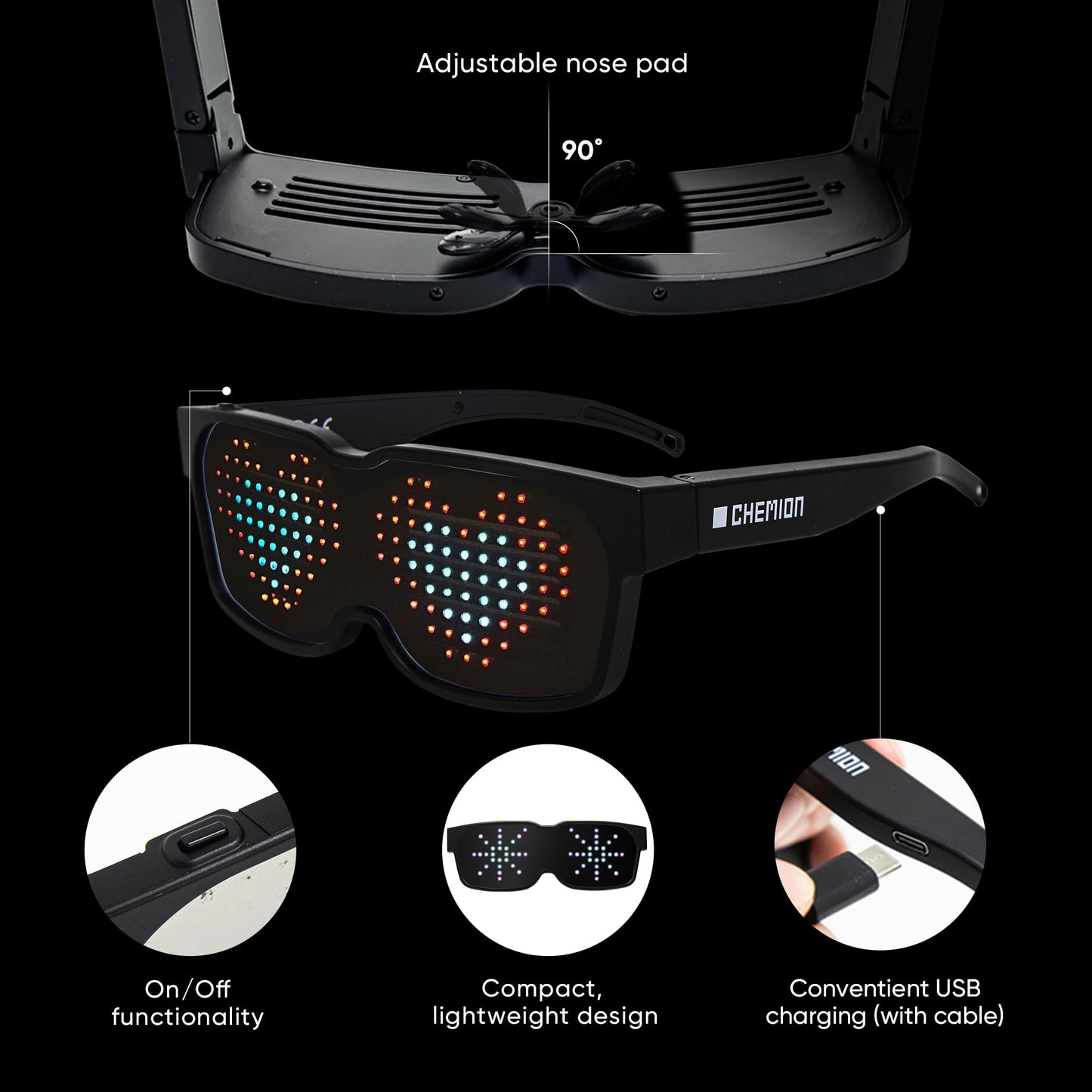CHEMION LED Glasses for adults, Customizable Bluetooth LED Glasses, Perfect for Christmas, Halloween, and Birthday Parties (Color) (2024 Ver.)