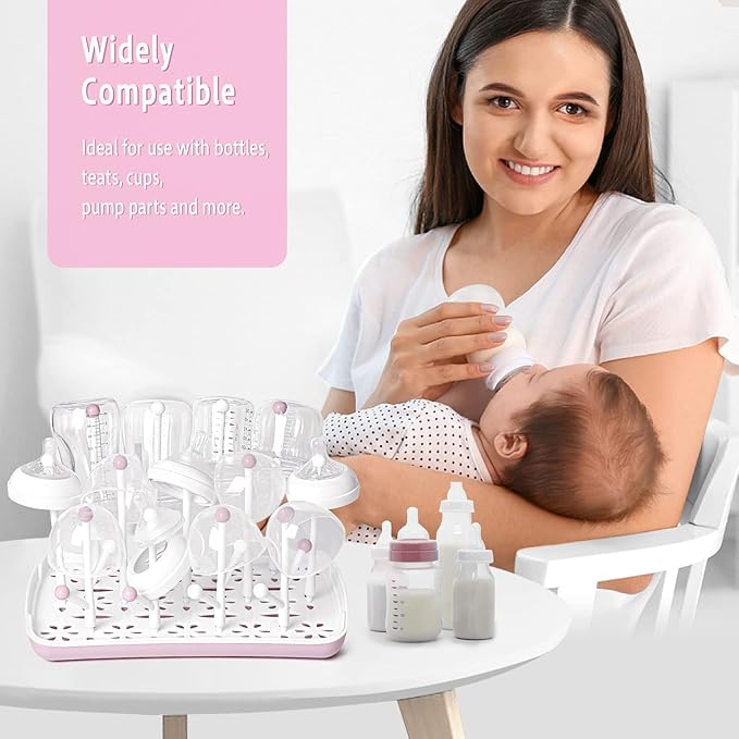 Termichy Baby Bottle Drying Rack, Large Capacity Baby Bottle Rack for Bottles, Dry Rack with Removable Water Tray(Pink)