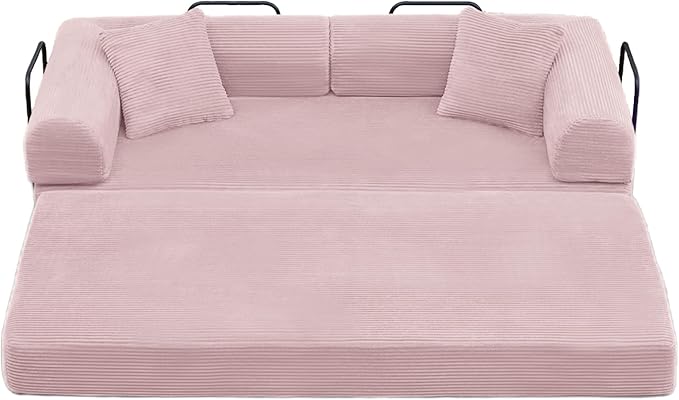 ZQRhome 79" 5-in-1 Convertible Sofa Bed, Luxe Sleeper with Reinforced Frame & Plush Support, No Assembly Corduroy Couch for Lounge, Bedroom & Dorm, Pink