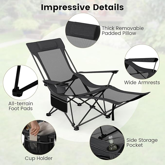 GYMAX Reclining Camping Chairs with Footrest, Lightweight Foldable Camping Chairs with Cup Holders, Adjustable Backrest, Headrest, Heavy Duty Camp Chair for Adult Outdoor Fishing Beach (Grey,2)