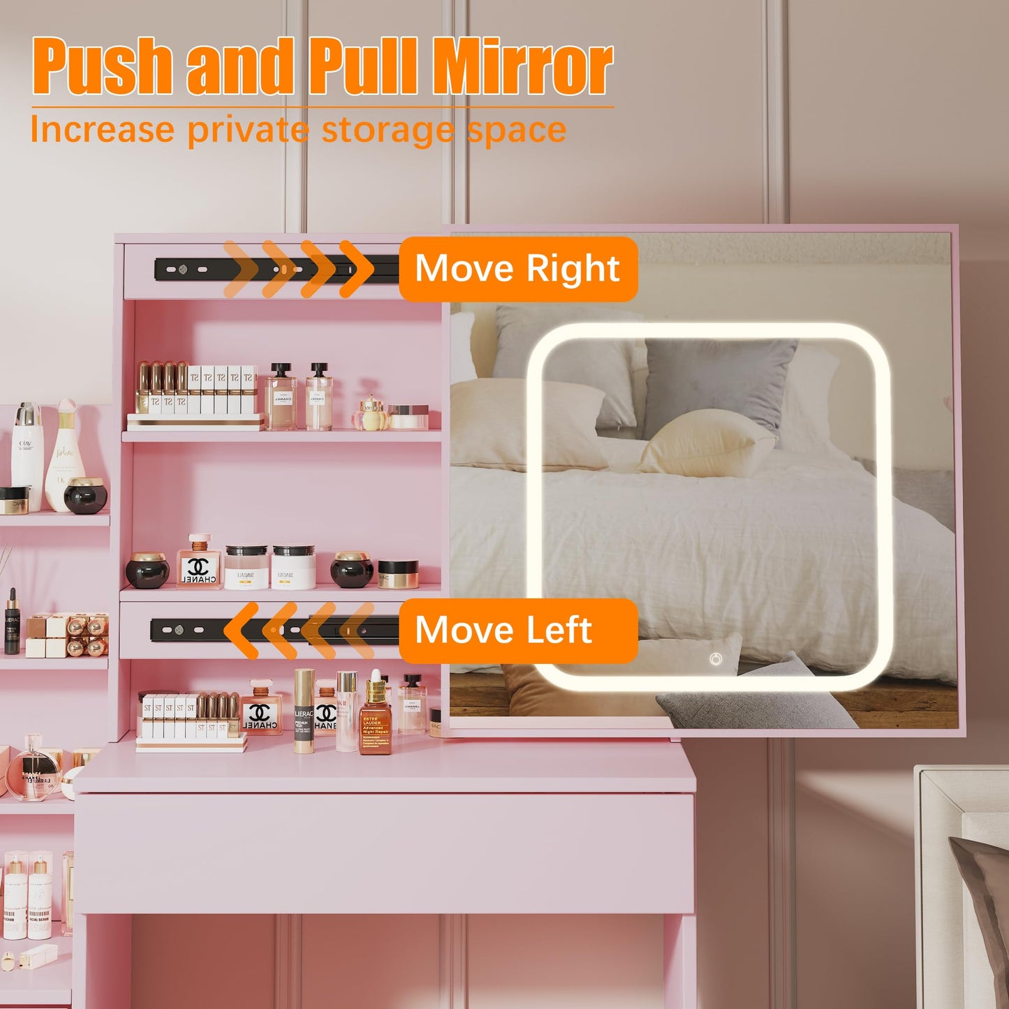 Vanity Desk with Sliding Mirror and Lights, Makeup Vanity Set with 4 Drawers, Stool, Power Outlet, Open Shelves, 3 Color Adjustable Lighting Modes, Makeup Dressing Table for Bedroom, Pink