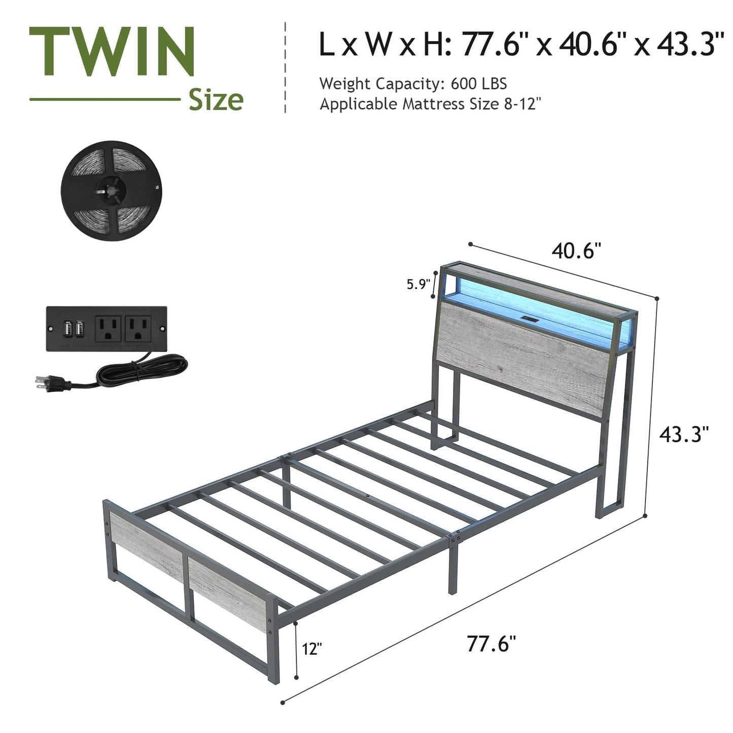 Twin Bed Frame with LED Lights and Charging Station, Twin Size Bed Frames with Ergonomic Storage Headboard, Heavy Duty Metal Slats Support, No Box Spring Needed, Noise-Free, Easy Assembly, Grey
