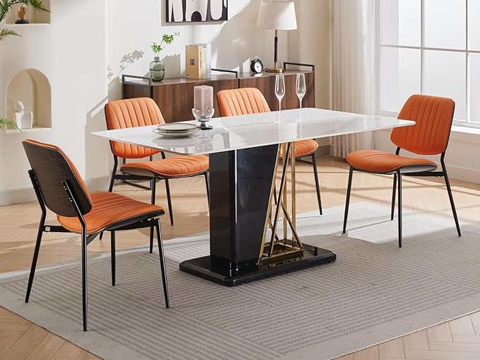 YaFiti Dining Chairs Set of 2, Mid Century Modern Dining Room Chairs, Upholstered PU Leather Vertical Stripe Kitchen Chair with Walnut Bentwood and Metal Legs, Orange