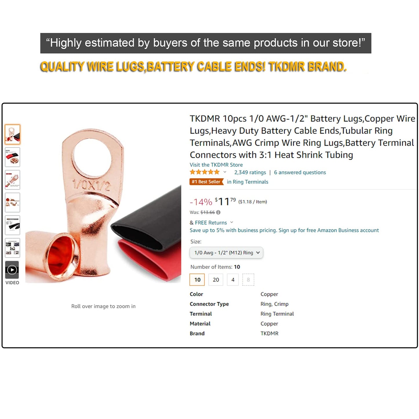 TKDMR 10pcs 8 Awg-3/8 Ring Marine Grade Copper Wire Lugs,with 3:1 Heat Shrink Tubing,UL Battery Cable Ends,Heavy Duty Cable Lugs,Tinned Copper Eyelets,Tubular Ring Terminals