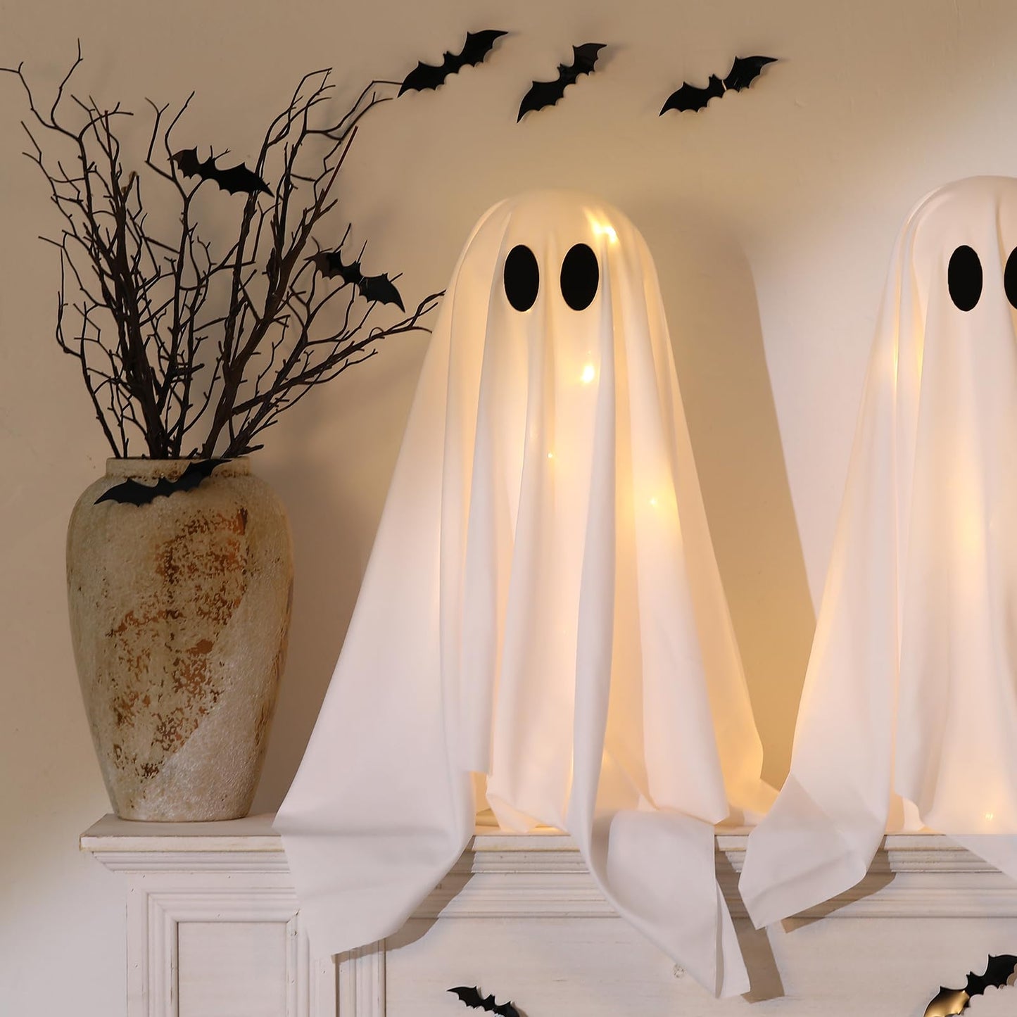Halloween Decorations -2 Packs Spooky Ghosts with String Lights-Scary Ghost for Halloween Decor Indoor Party Home Table Room Kitchen and Fireplace Decor