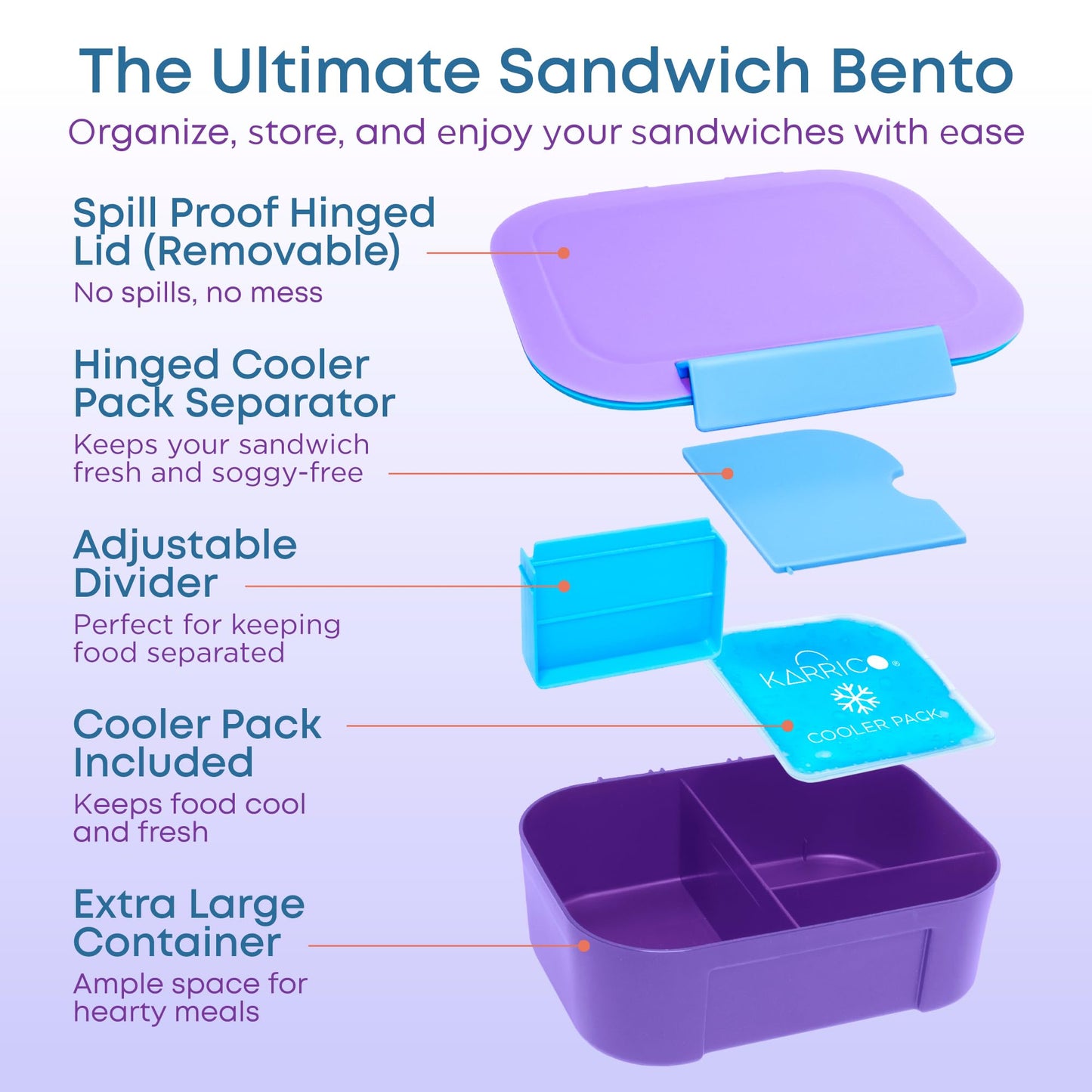 KARRICO Leakproof Lunch Box – 3-Compartment Bento Box, Cooler Pack & Adjustable Divider, Extra Large & BPA-Free – Dishwasher Safe, Ideal for On-the-Go Meals, Lilac & Blue