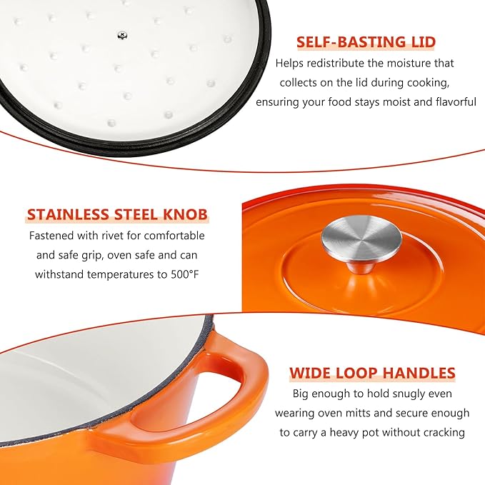 E-far 3 Qt Enameled Cast Iron Dutch Oven with Lid, Small Round Nonstick Dutch Oven Pot for Bread Baking Braising Stews Roasting Cooking, Heavy Duty, Induction & Oven Safe - Orange