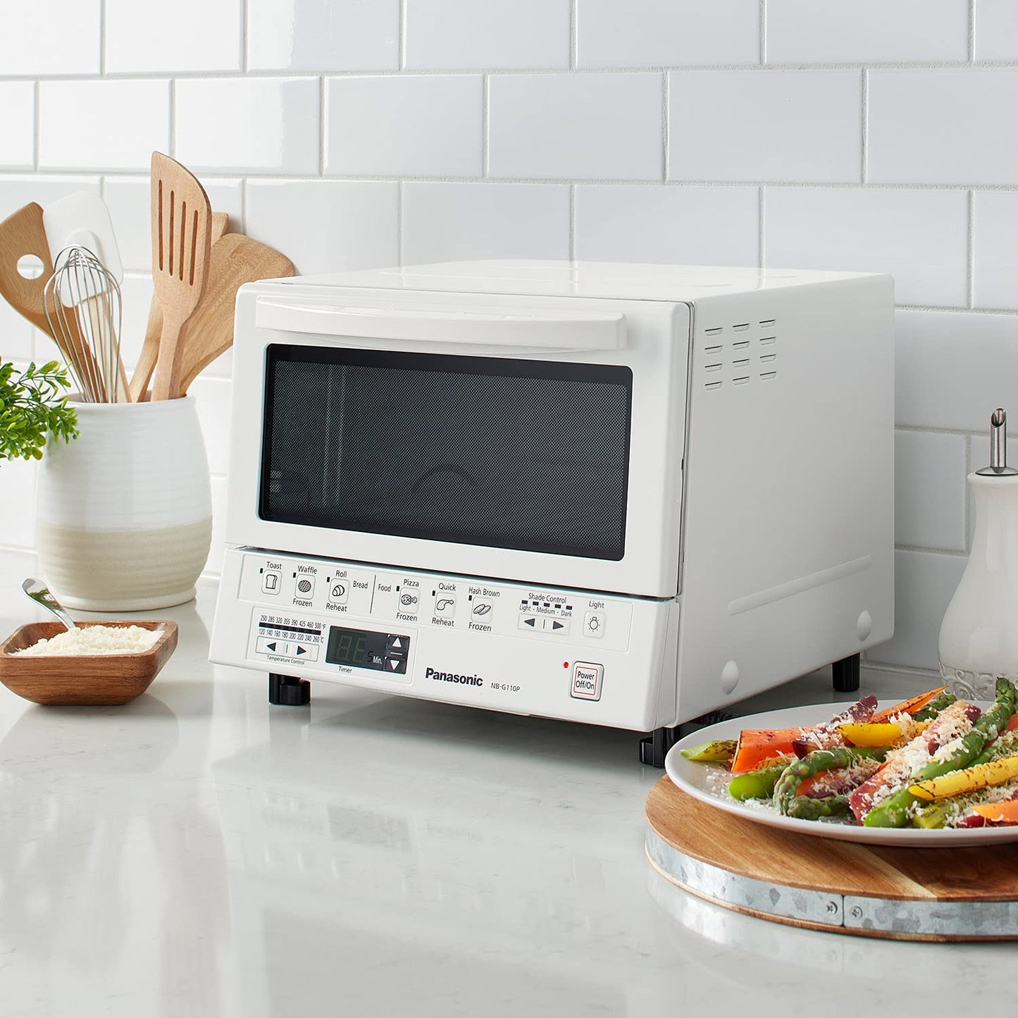 Panasonic FlashXpress Toaster Oven Countertop, 4-Slice Compact Size with Double Infrared Heating, 6 Auto Cook Options and Precise Temperature Control, 1300W - NB-G110P-W (White)