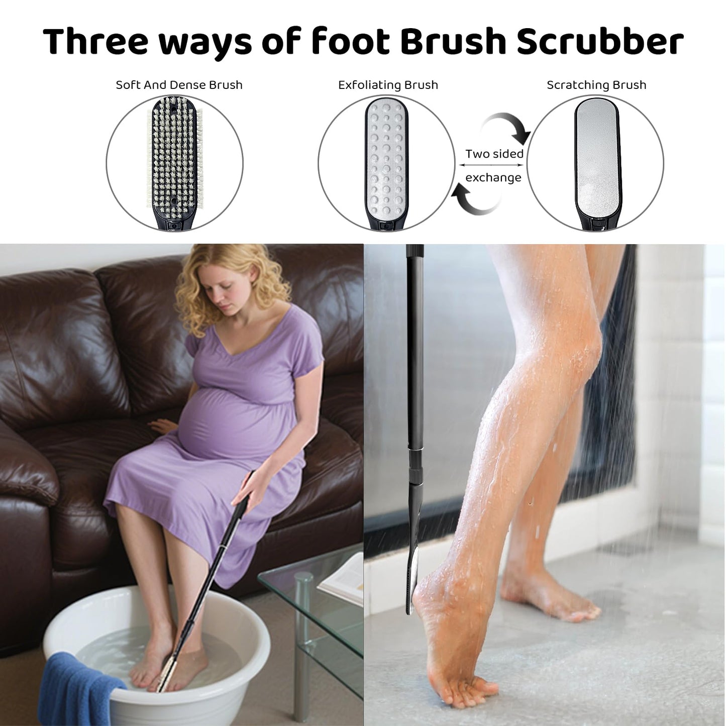 Gobiteli Toe Cleaning Brush Long Handle, 18.8 -25.9 Telescopic Long Handle Foot Scrubber Dead Skin Remover,Foot File for Feet C