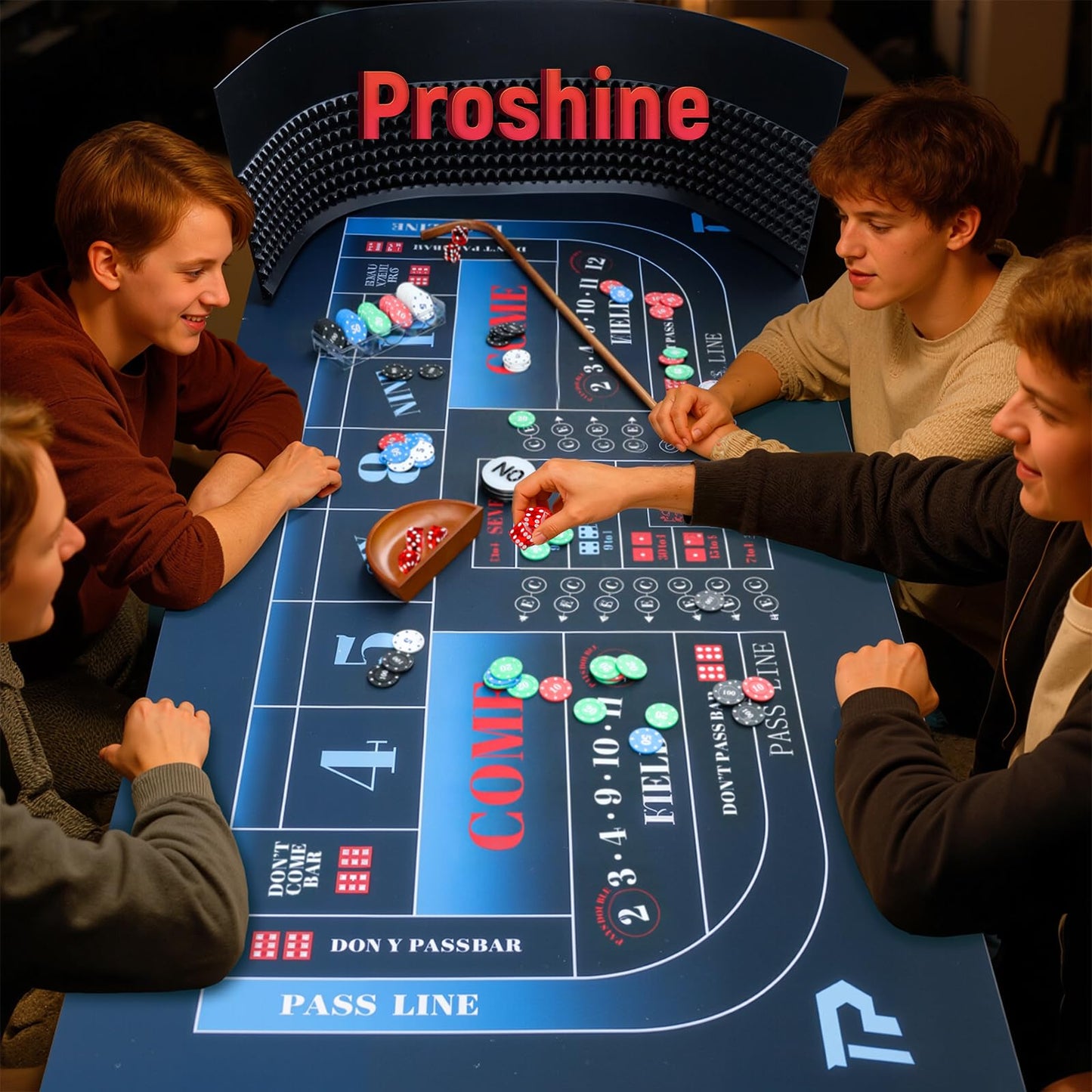 Proshine Craps Tabletop Game Set with 35*70" Rubber Craps Tabletop Layout Mat, 48*11" Rubber Craps Diamond Pyramid Bumper, 36" Rattan Stick, Casino Grade 19mm Dice, On/Off Button &100 pcs Chips (BLUE)