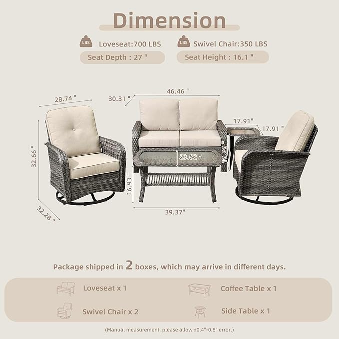 CAODOC 5 Pieces Patio Furniture Set,Outdoor Furniture with Rockers, Rattan Conversation Sets w/Coffee Table, Grey Wicker Light Beige Cushion