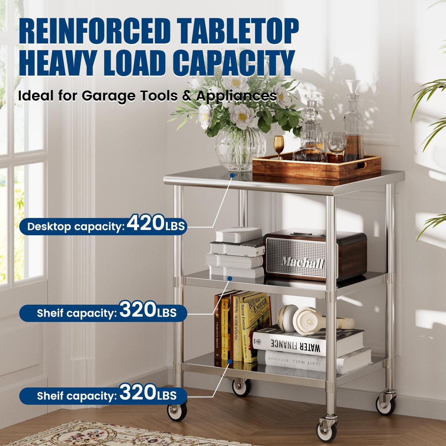 Chingoo Stainless Steel Work Table with Wheels, 24x30 Inch NSF Kitchen Prep Table with 2 Adjustable Undershelves for Commercial Restaurant, Garage, Outdoor BBQ