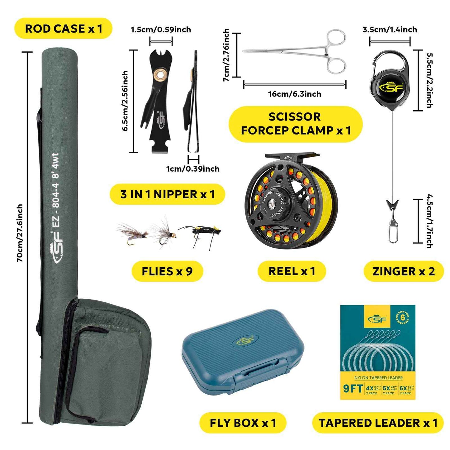 SF Fly Fishing Rod Combo Starter Kit - 4 Piece 4WT 8FT Emerald Green 24T Carbon Fiber Trout Rod with Reel, Case, Fly Box, Tapered Leader, Knot Tying Tools