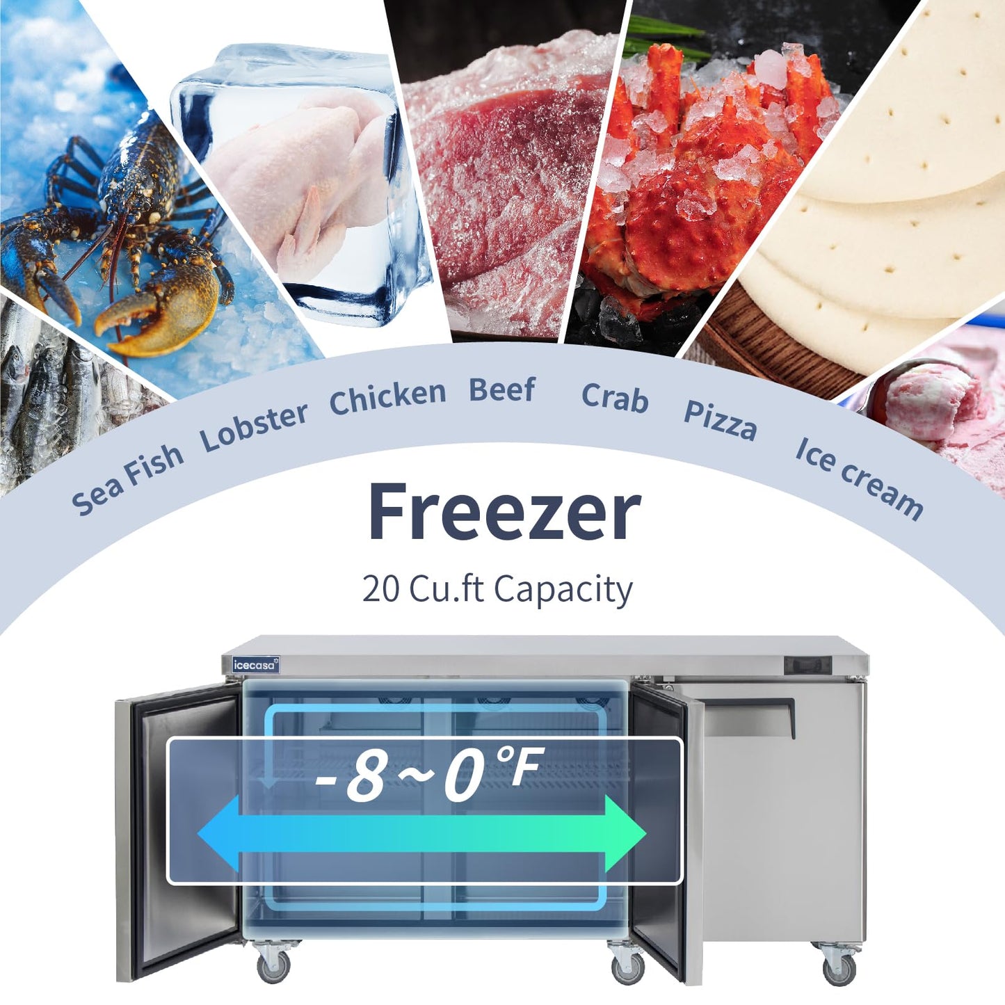 ICECASA 72" W Commercial Freezer Worktop Undercounter Freezer Three Door Stainless Steel Counter Fan Cooling 20 Cu.ft for Restaurant, Bar, Shop, etc