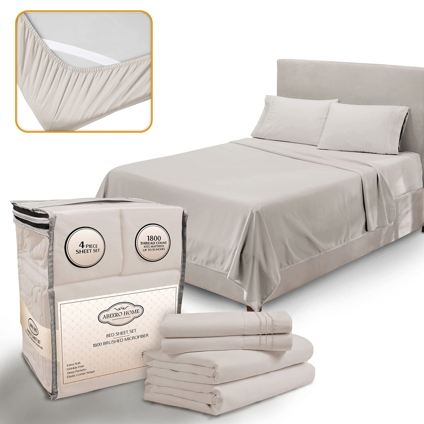 Abeero Home California King Sheet Sets - Luxury Hotel Bed Sheets - Soft Cooling Sheets with Elastic Corner Straps - Deep Pocket Microfiber - Bedding Sheets & Pillowcases -4 PC (Cal King Size, Beige)