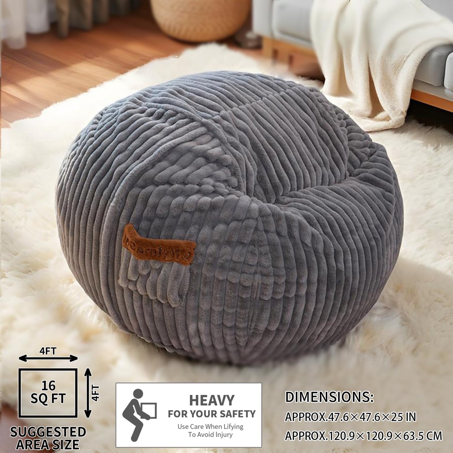 MinComfyWo 4ft Bean Bags Chair for Adults, Giant Beanbag Chair with Memory Foam Filled, Soft Comfy Large Bean Bag Couch Big Sofa Bed for Living Room Bedroom (Grey)