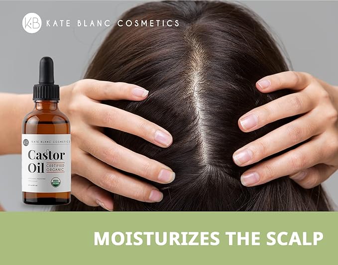 Kate Blanc Cosmetics Castor Oil Organic for Hair, Lashes, Face (2oz), 100% Pure, Cold Pressed, Hexane Free Hair Oil. Eyelash Serum for Thicker-Looking Eyelashes & Eyebrows