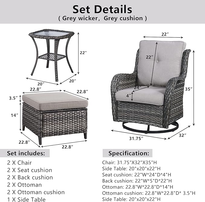 Belord 5 Pieces Patio Furniture Sets Wicker Outdoor Furniture, Rattan Patio Swivel Glider Chairs with 2 Ottoman and Glass Side Table