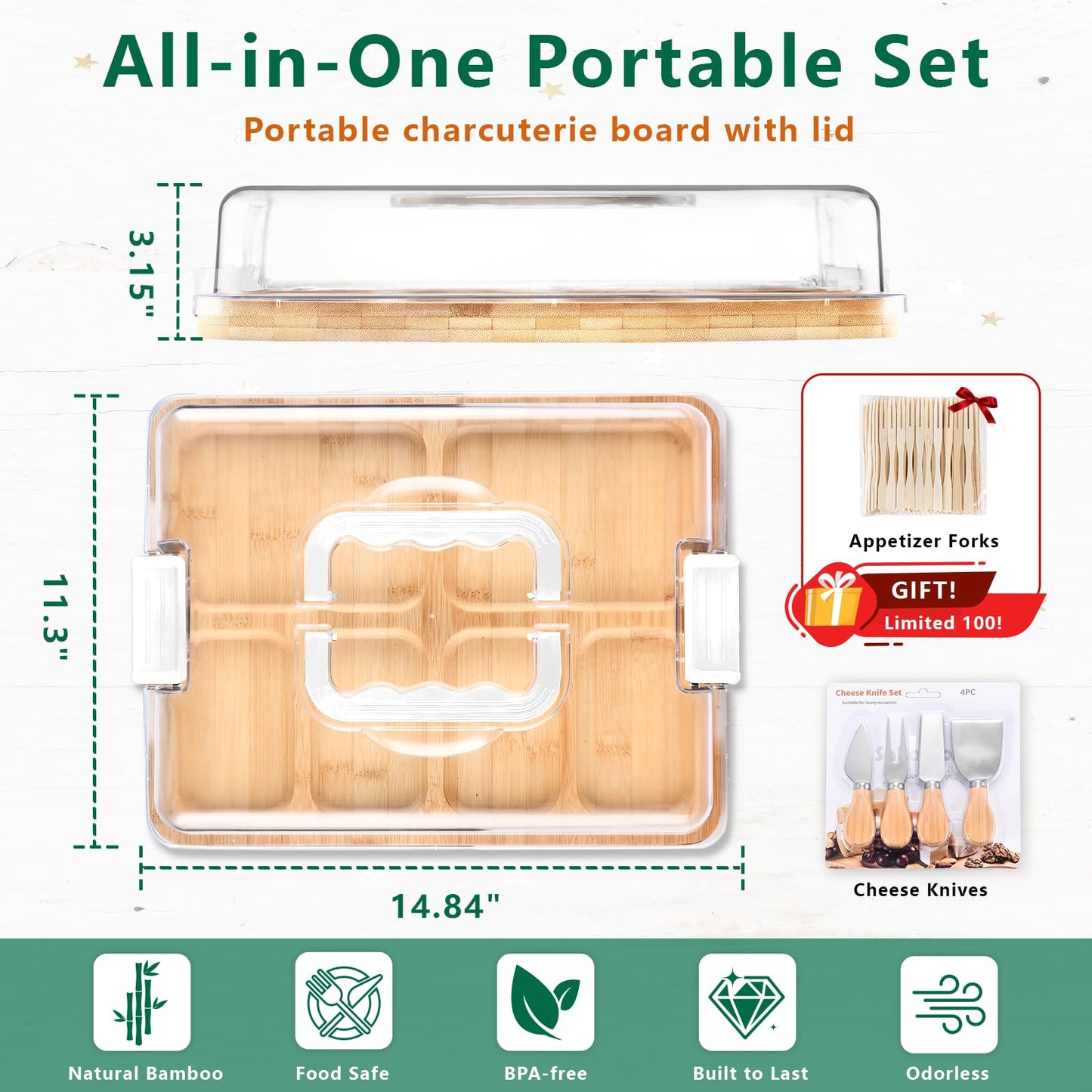 Charcuterie Board with Lid and Handle, Portable Travel Bamboo Cheese Board Set with 4 Cheese Tools, Gift for Housewarming, Weddings, Picnics, Christmas (6 Compartments, White)