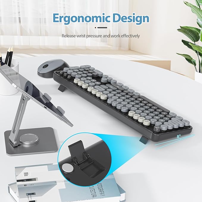 Owpkeenthy Retro Keyboard and Mouse Wireless, Cute Black Keyboard with Retro Typewriter Style Full-Sized with Number Pad Round Keys for Desktop, Laptop and Computerr (Gradient Dark)