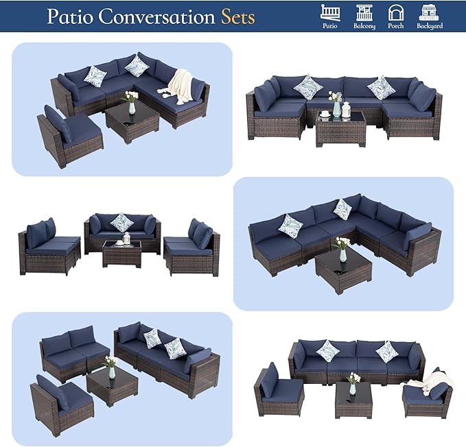 FHFO 7 Pieces Outdoor Patio Furniture Set, Wicker Sectional Sofa Set Rattan Modular Patio Conversation Sets with Cushions Couch Set & Coffee Table for Outside, Garden, Balcony, Porch, Brown-Blue