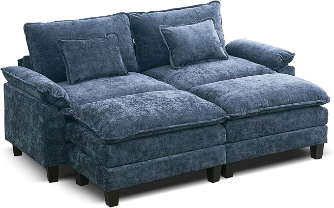 URRED Cloud Couch Modular Sectional Sofa, 87" Modern Loveseat Sofa with 2 Ottomans & Pillows, Ultra Comfy Chenille Couches for Living Room, Bedroom or Apartment, Blue