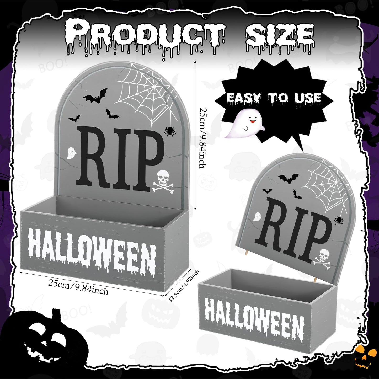 Sintuff Halloween Candy Bowl Wooden Funny Candy Dish Trick or Treat Large Halloween Serving Dish Holders Wood Serving Bowl Tableware for Table Desk Haunted House Decoration (Gravestone Rip)