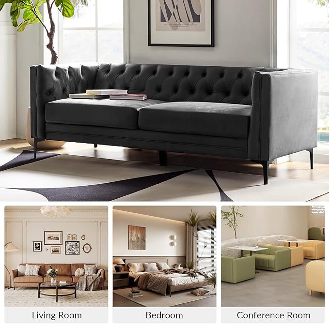 HULALA HOME 84" W Faux Leather Sofa Couch with Metal Legs, Button-Tufted 3-Seater Sofa, Mid Century Modern Contemporary Upholstered Couch for Living Room, Apartment, Charcoal