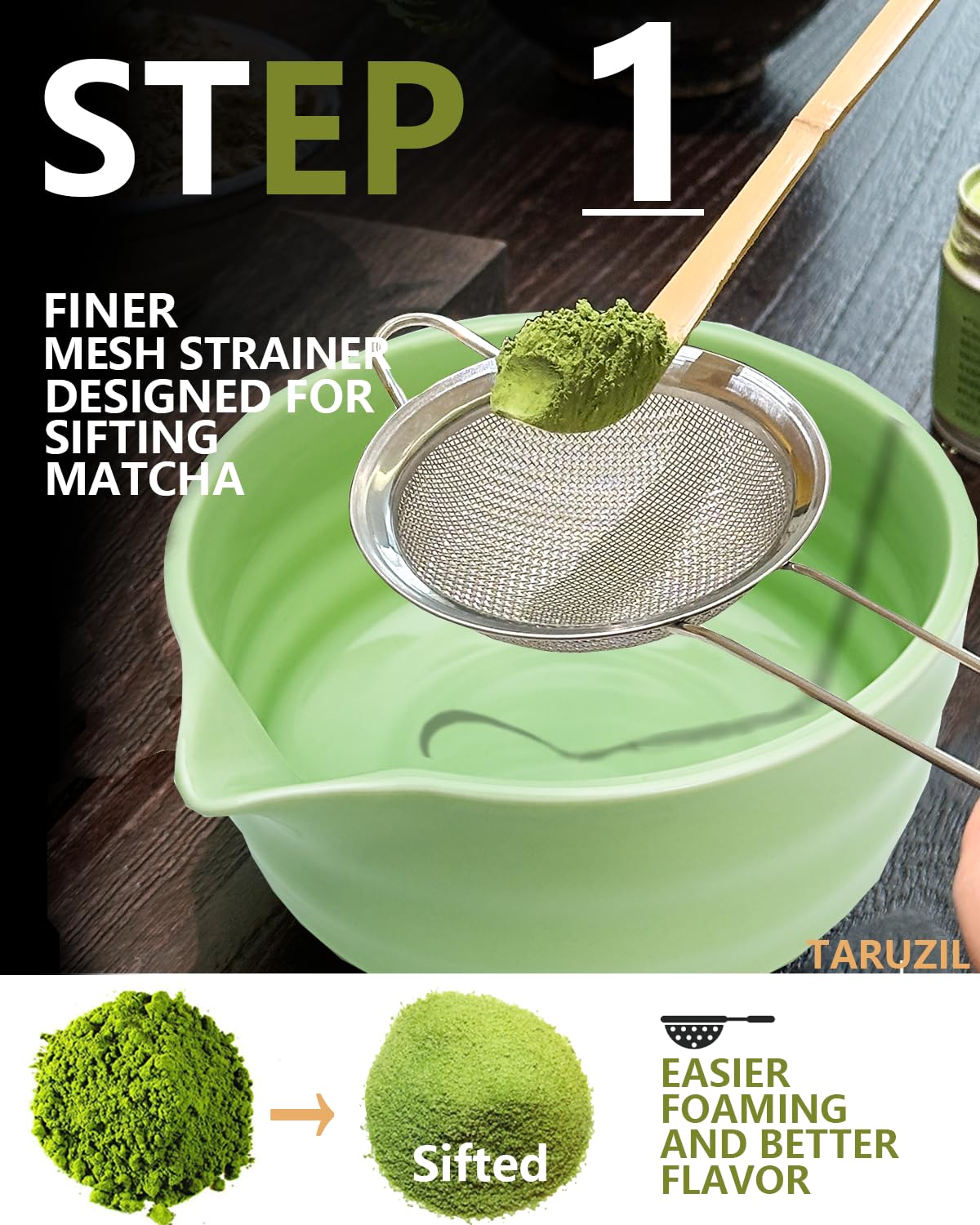 Taruzil Matcha Whisk Set with Matcha Bowl, Matcha Bamboo Whisk, Scoop, Sifter, Matcha Kit Holder Unique Gifts for Women Men Girl Friend Home Kitchen Decor Gifts for Christmas, Birthday(Light Green)
