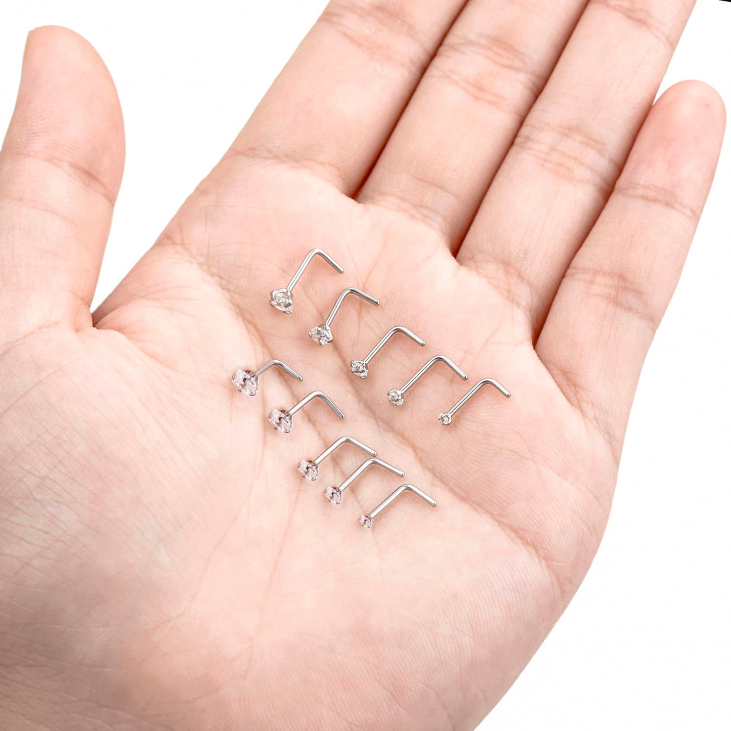 Tornito Stainless Steel L Shaped Nose Studs - 10pcs, Clear CZ, Silver Tone, Sizes 1.5mm to 3.5mm, for Men and Women