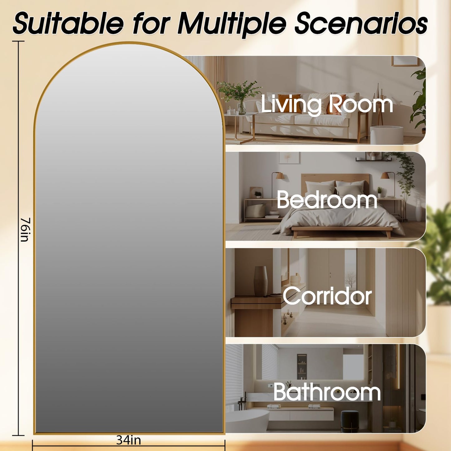 NBGV 76"x34" Floor Mirror Full Length, Arched Full Length Mirror with Stand, Large Full Body Mirrors for Bedroom Living Room or Cloakroom Gold