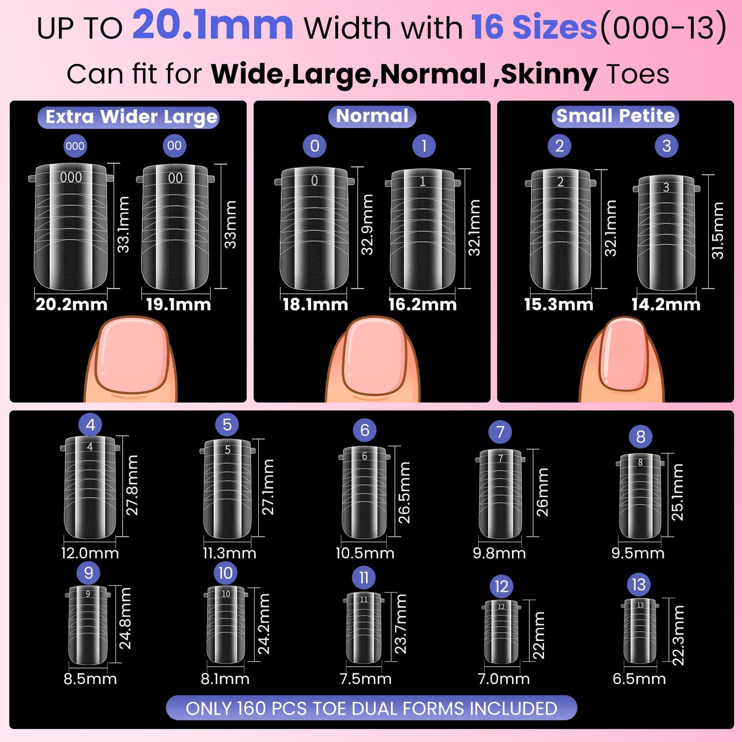 Straight Wider Polygel Toenail Forms, SINOKAME Pre-etched Flat Curve Square Toe Nail Dual Forms with French Guidelines Reusable,