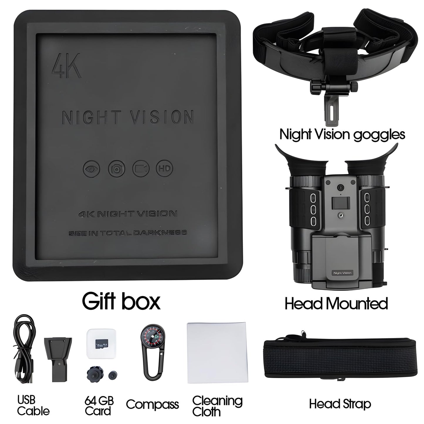 Head Mounted Night Vision Goggles with 2.4-inch Screen for Adults 2000FT - 4K Night Vision Binoculars, Infrared Goggles with 64GB Card with Flashlight 8X Digital Zoom Outdoor Exploration Camping Black