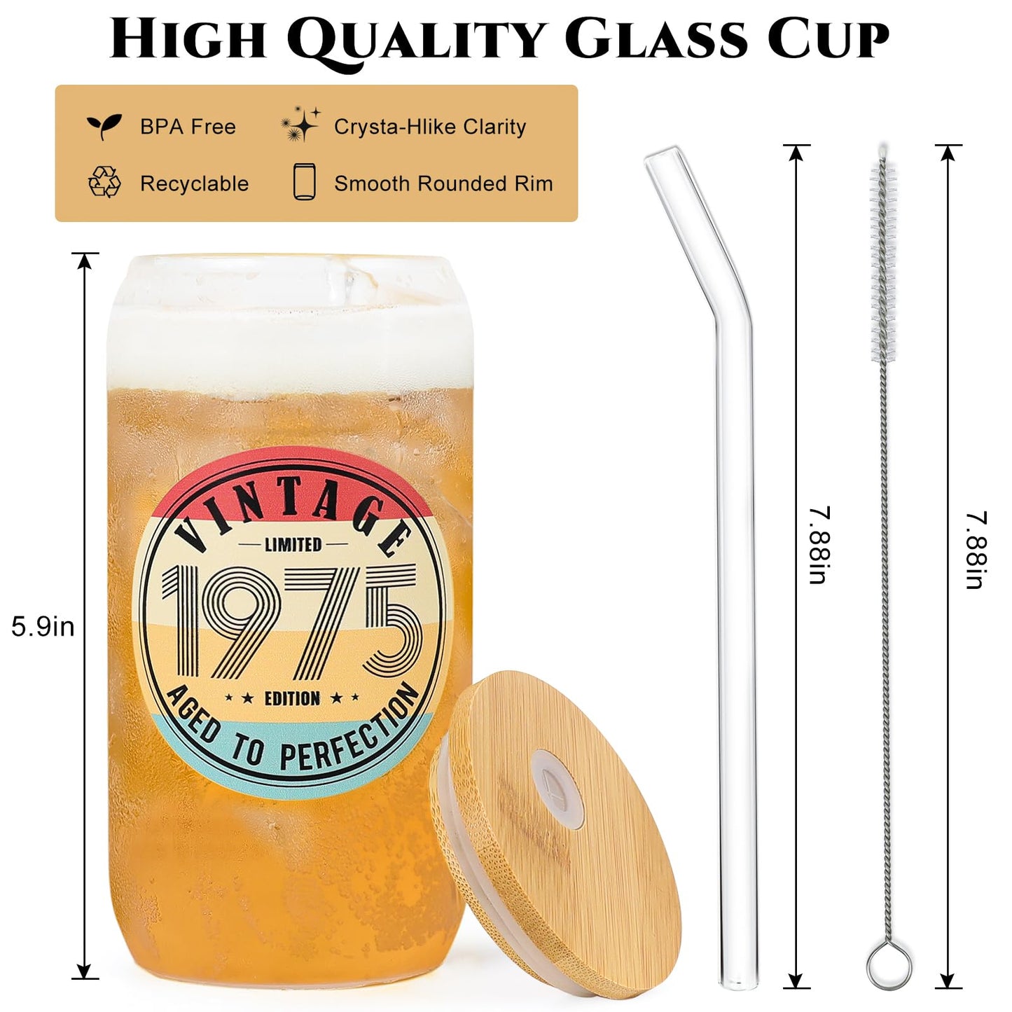 DECZHIYU 50th Birthday Gifts for Women - 1975 50th Birthday Decorations Gifts for Her Him Men 50 Year Old Bday Gift for Women Mom Wife Turning 50 Gift Glass Cup with Straw