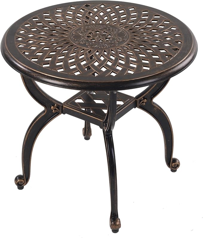 WILOUNGE Cast Aluminum Outdoor Side Table,Small Patio Table,Outdoor Coffee Tables for Patio,Garden,Balcony, for All Weather (Copper, Round)