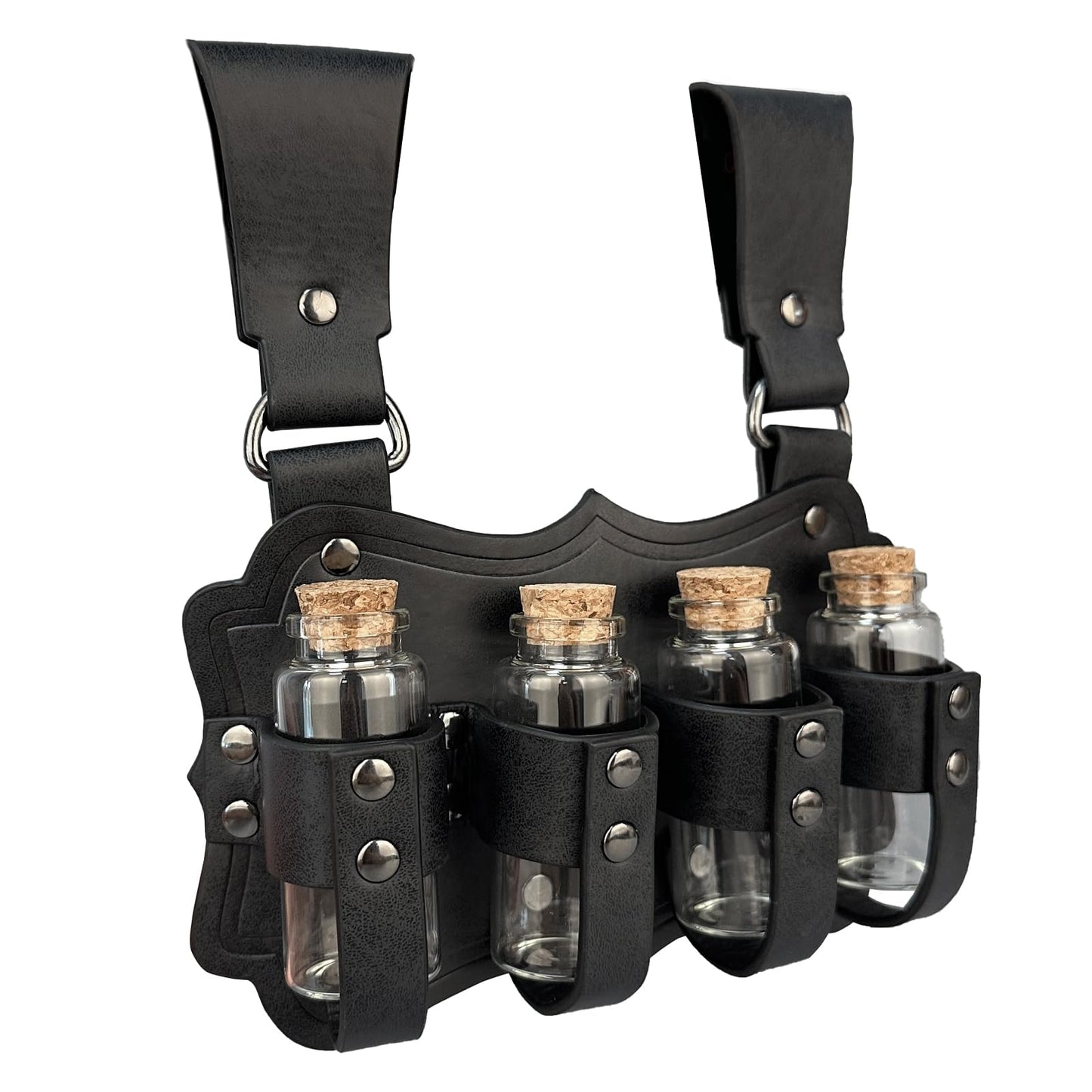 HiiFeuer Medieval Embossed Alchemy Faux Leather Buckle Belt with 4 Cork Vials, Fantasy Wizard Potion Bottles Belt (Black B)
