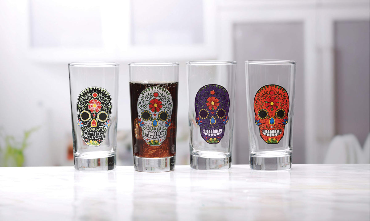 Circleware Halloween Sugar Skull Hiball Cooler, Set of 4 Heavy Drinking Glass Tumbler Cups for Water, Juice, Milk, Beer, Whiskey, Vodka, Farmhouse Decor, 14.5 oz, Black, White, Purple, Orange