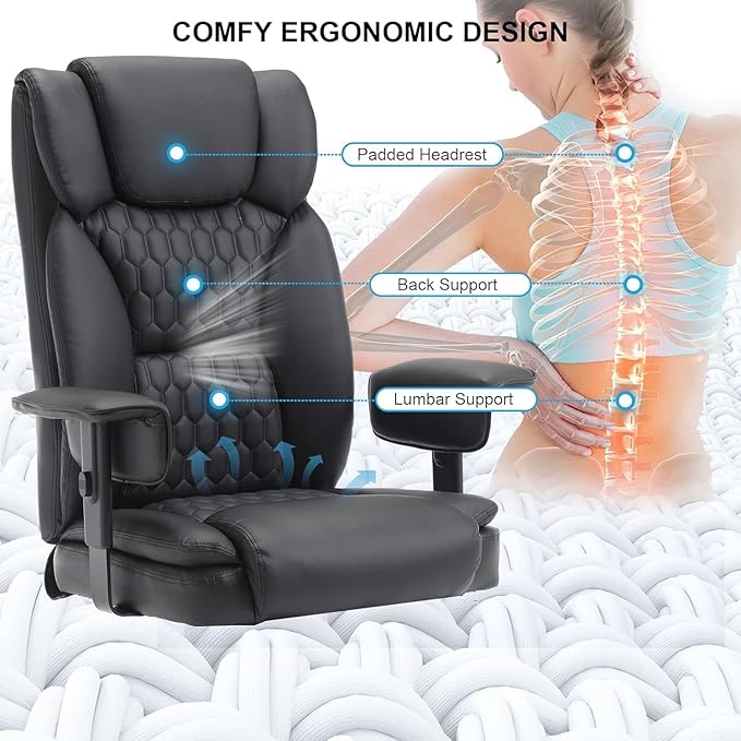 Reclining Office Chair with Footrest, 400Lb Big and Tall Office Chair with Lumbar Support, Pu Leather Recliner Office Desk Chairs with Wheels High Back Ergonomic Computer Desk Chair for Adult,Black