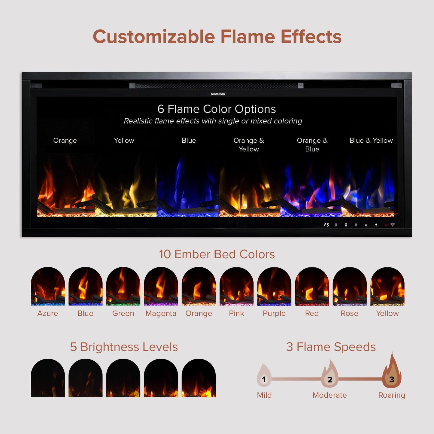 Modern Ember Aerus Slim 42 Inch Smart Linear Electric Fireplace | Recessed in-Wall or Wall-Mount | LED Multiple Flame Colors | Alexa/WiFi Enabled | 4.25β Profile | Remote Included