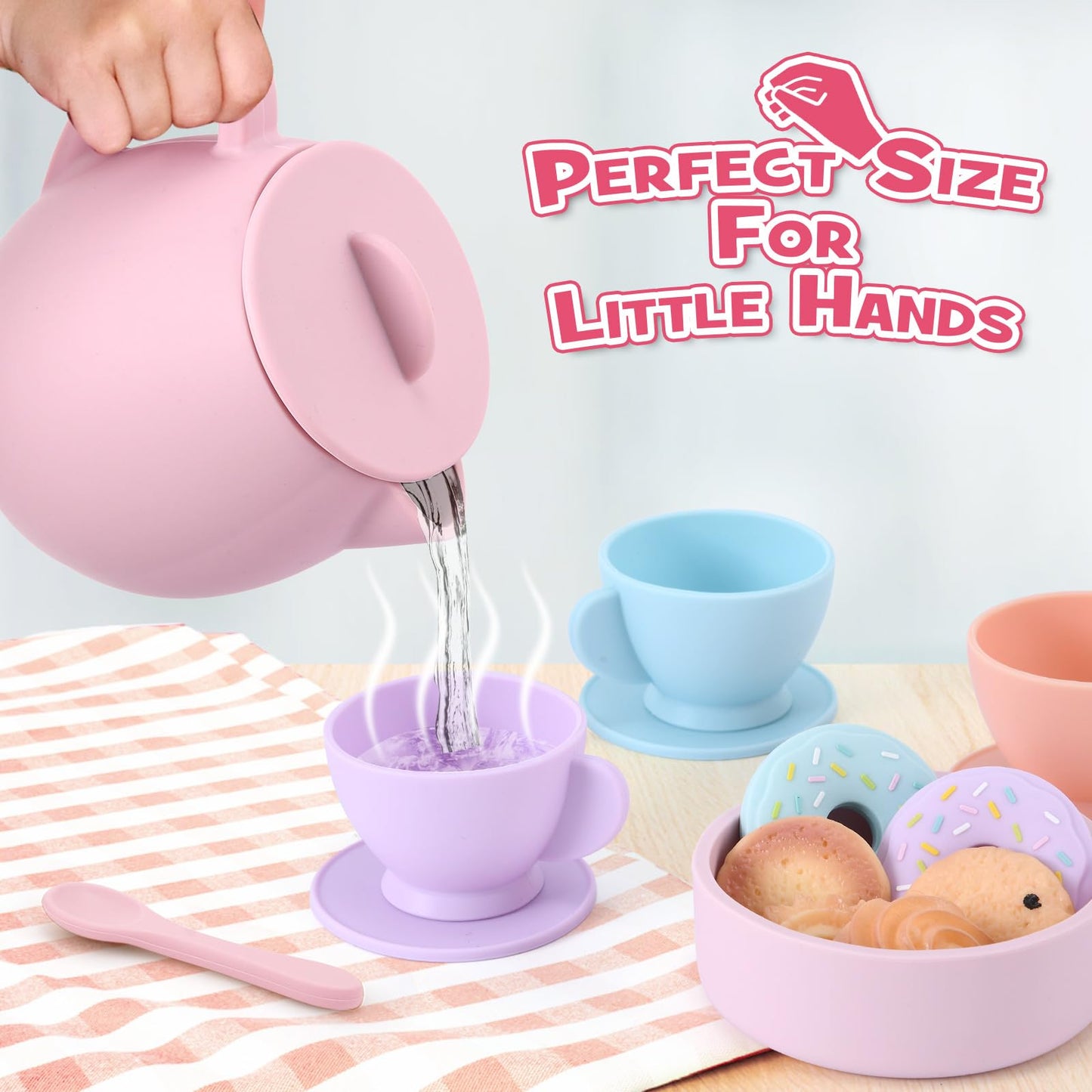 Lorfancy 20 Pcs Silicone Tea Party Set for Little Girls Kids Toddlers Tea Set with Tea Pot Cups Food Pretend Play Kitchen Accessories Christmas Birthday Gift for Girls Age 2 3 4 5 6 Year Old Toys