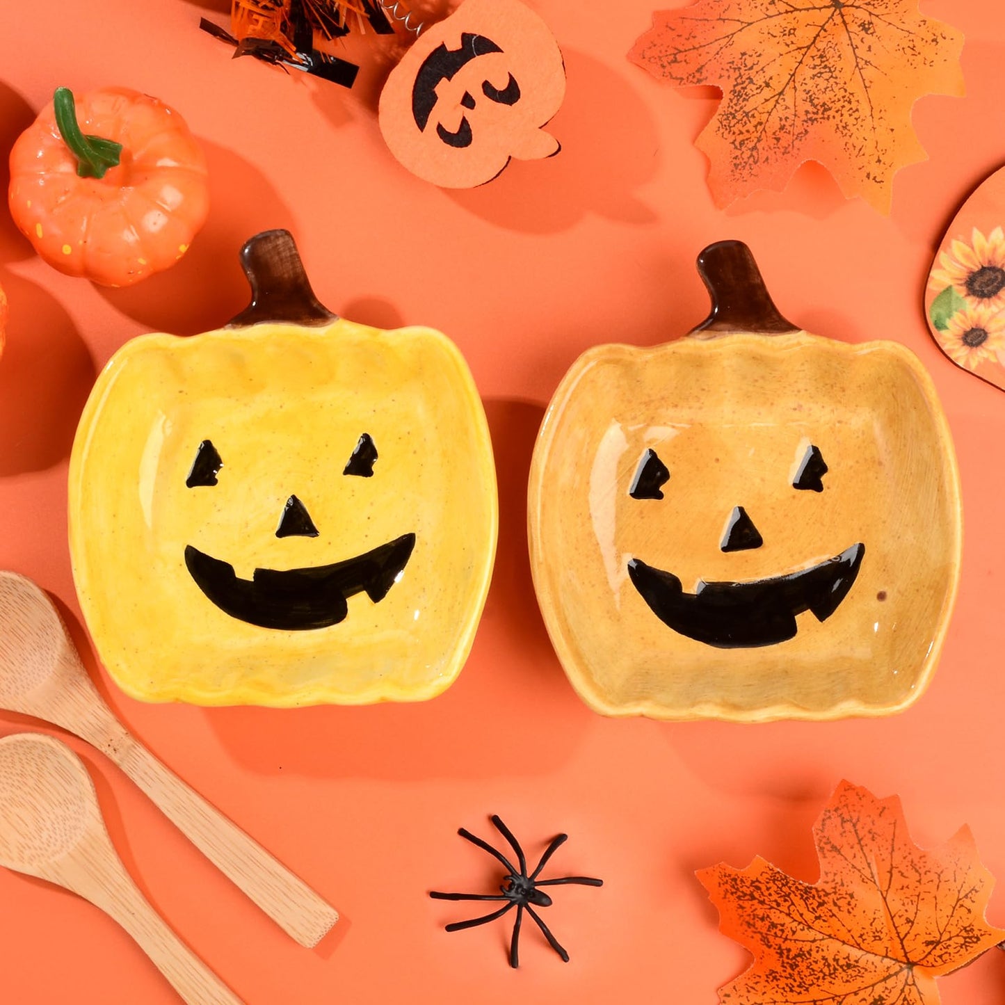 Pumpkin Ceramic Candy Bowl Set with Wood Spoon - Trick or Treat Candy Dish Holders for Halloween Parties