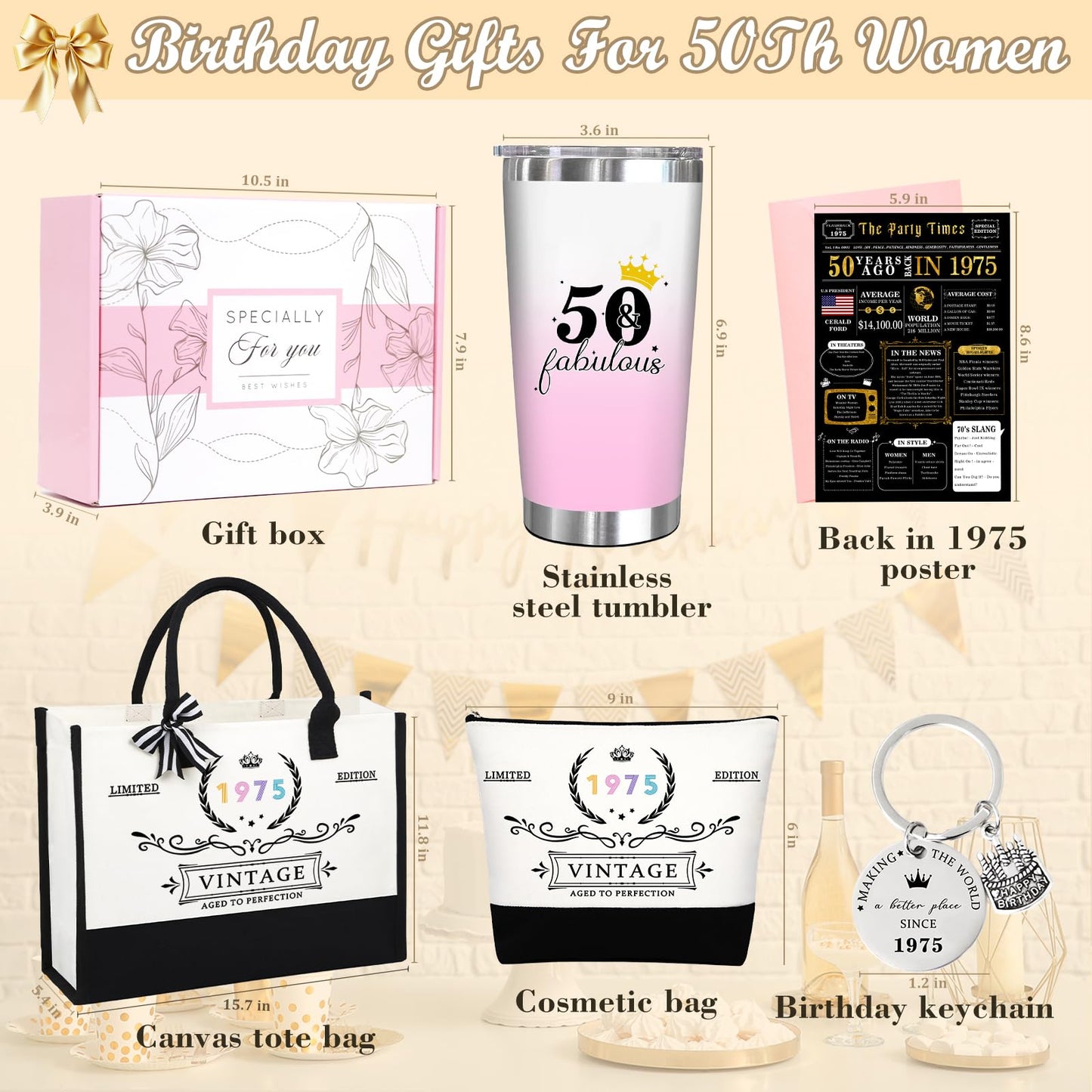Unipinkart 50th 1975 Birthday Gifts for Women, 50 Year Old Birthday Fabulous Gifts for Women, Cool 50th Gift Canvas Tote Bag Set for Woman, Turning 50th Cup Gift Basket for Her Mom Sister Wife